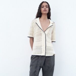 Zara oversized cardigan short sleeve button up cream collared large xl edgy knit